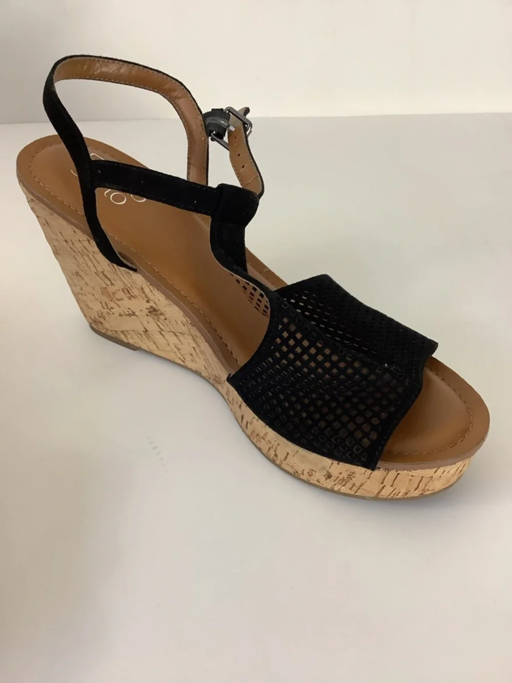 Franco Sarto Black Perforated T-Strap 4” Cork Wedge Sandals
